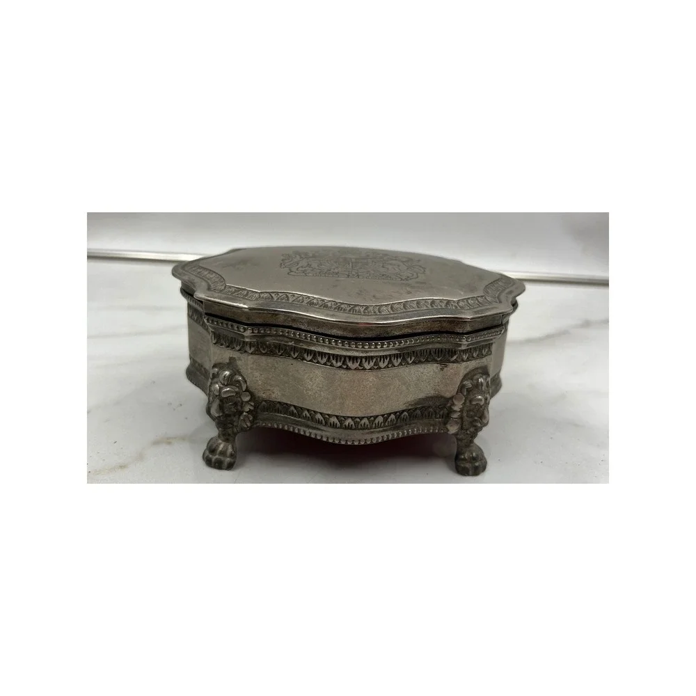 Vintage British Royal Coat of Arms Silver Footed Jewelry Box Red Velvet Lining